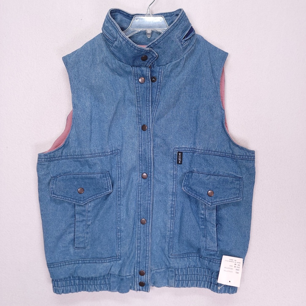 Izzi Vintage Denim Vest Pink Lined Stowaway Hood Blue Medium 9464
